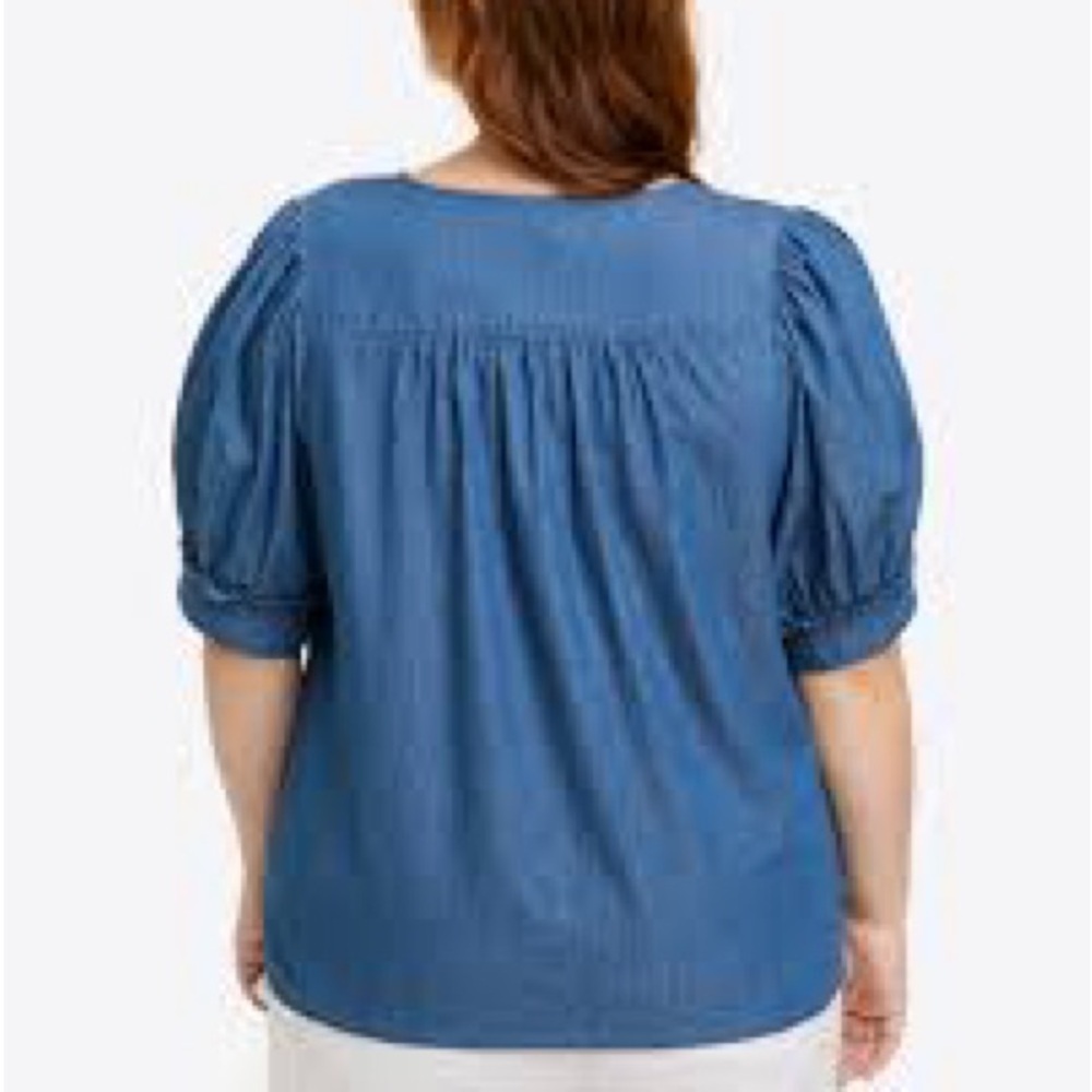 Draper James Heidi V Neck‎ Top In Chambray- Puff Sleeve Blouse - Picture 5 of 6